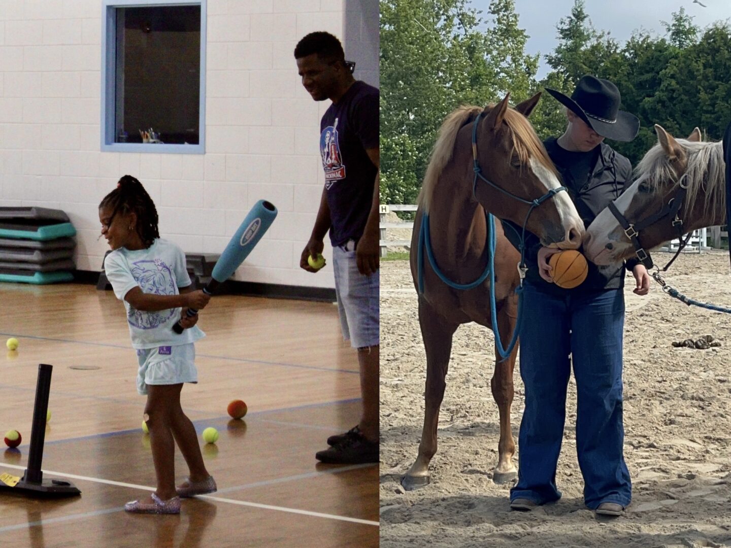 Spring Grant Awards, girl playing t-ball in a gym and a boy feeding two horses